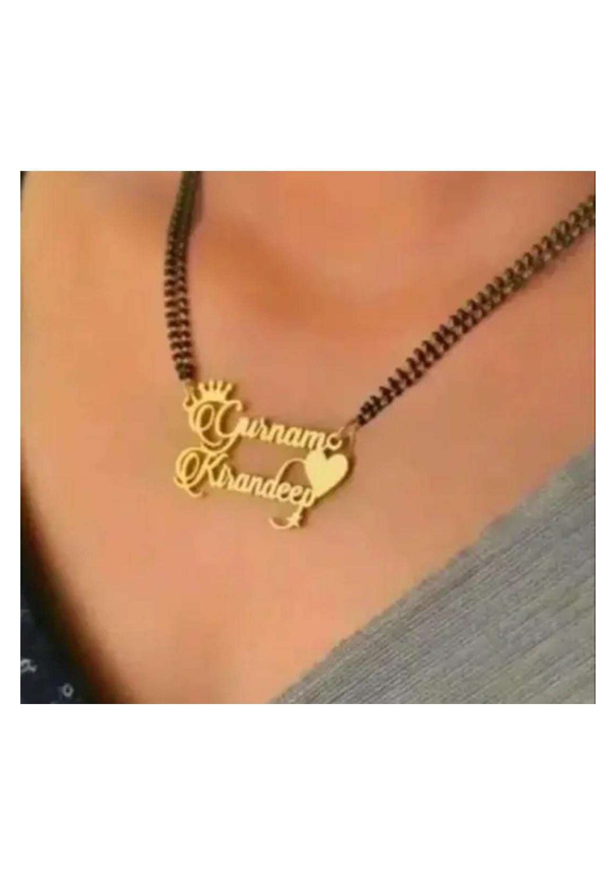 Custom Gold Double Name Necklace – Personalized "Gurnam & Kirandeep" Pendant with Crown & Heart