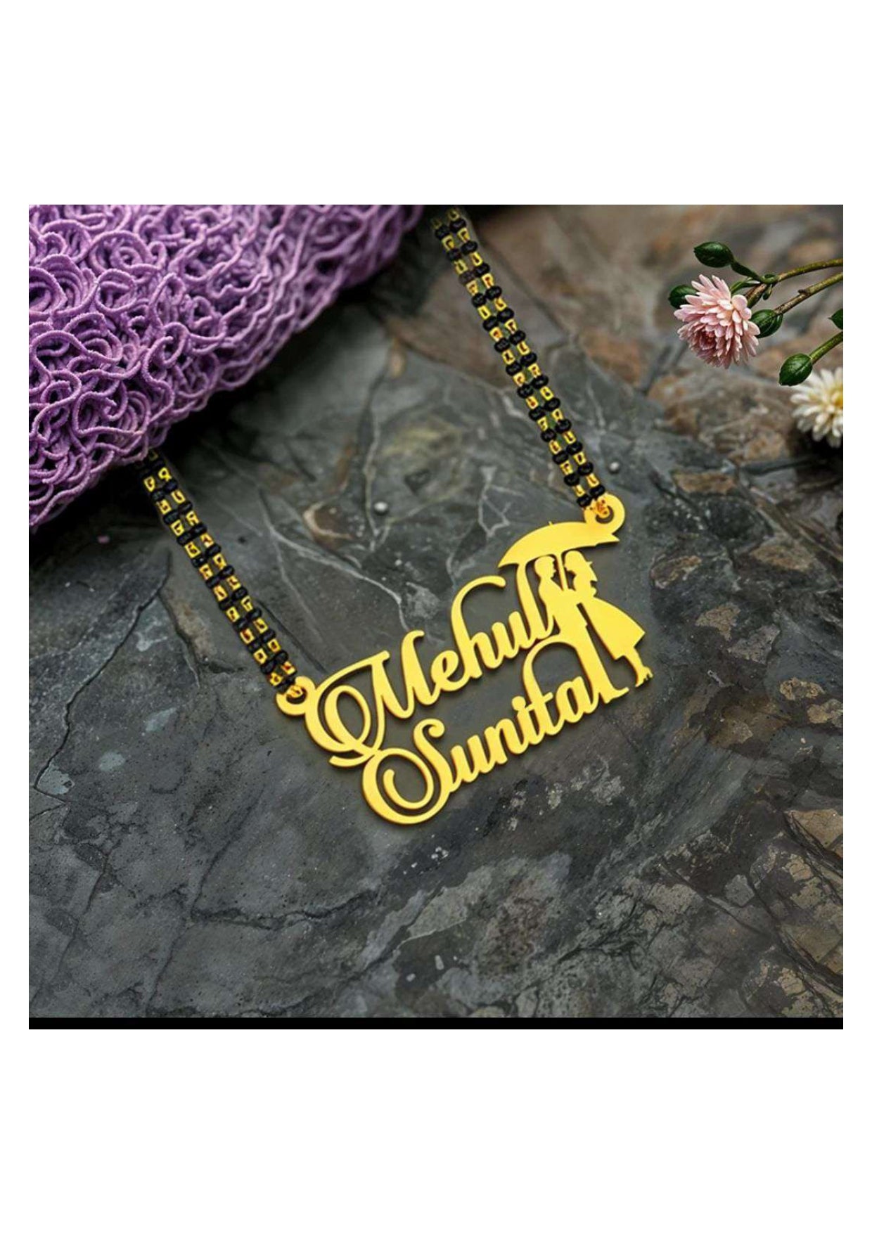 Couple Name Necklace with Romantic Umbrella Design – Personalized Gold Pendant